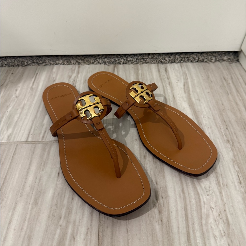 Tory Burch Brown Leather Miller Thong Sandals with Gold Logo